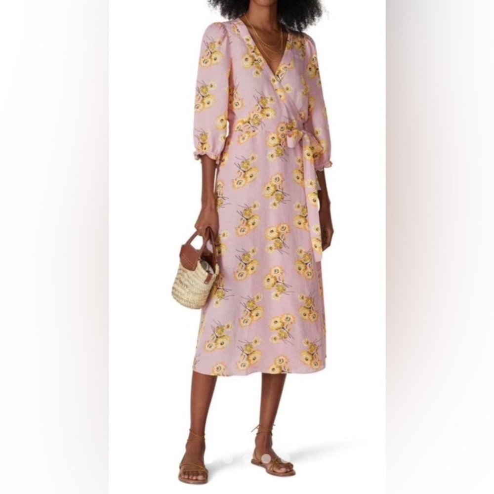 Madewell linen-blend ruffle-cuff wrap dress in the "Dutch Dandelions" print XXS